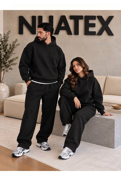 NUATEX 3 Threaded Premium Baggy Fit Hooded Sweatshirt with Kangaroo Pocket Oversize Unisex Tracksuit Set