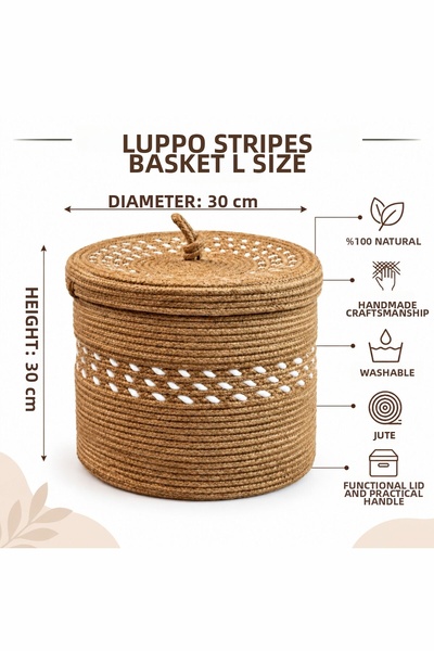 Comfort Craft Luppo Stripes Series Jute Decorative Basket L Size (30X30 cm) |   Striped Vegan Large Size Home & Bathroom Organizer
