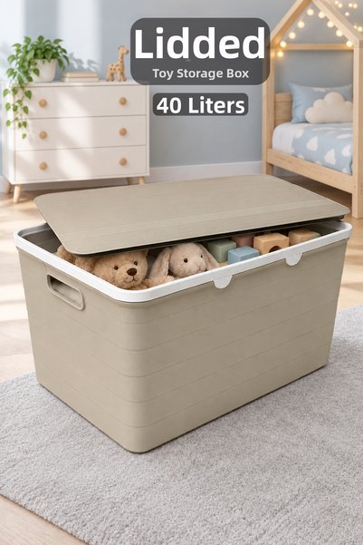 Meleni Baby 40Lt Storage Box with Lid - Children's Baby Room Organizer Multi-Purpose Item Toy Organizer Beige