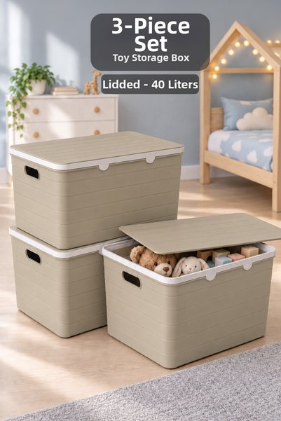 Meleni Baby 3-Piece 40Lt Storage Box with Lid - Baby and Kids Room Organizer Multi-Purpose Toy Organizer Beige
