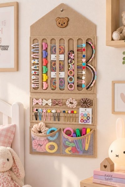 KAŞIKBEY Girl's Hair Accessory Organizer Bag Wall Mounted Hairpin Crown Rubbe...