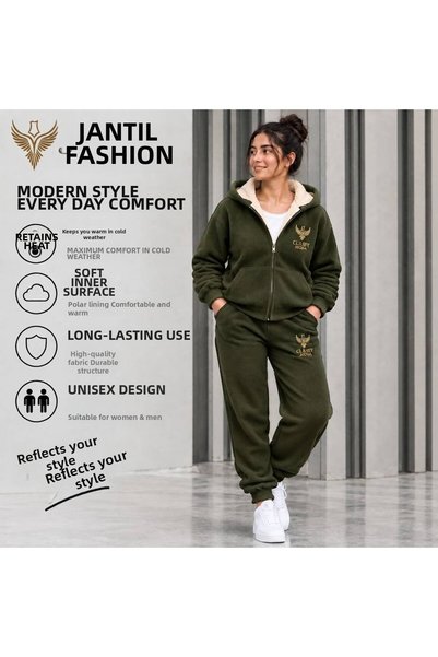 JANTIL MODA Women's 3 Threaded Threaded Sweatpants Set |   Fur-Lined Hooded Jacket