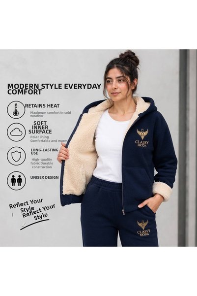 JANTIL MODA Set de trening pentru femei, cu 3 fire, tip Şardonlu |   Hanorac cu căptușeală de blană în interior