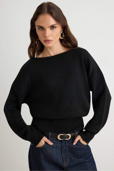 Trendyol Kollektion Schwarzer Strickpullover mit weicher Textur und Spitzenbe...