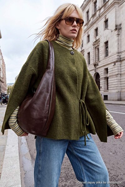 Trendyol Kollektion Khakifarbene Strickjacke mit weicher Textur im Mantel-Loo...