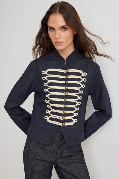 Trendyol Collection Navy Blue Button Detailed Napoleon Denim Jacket Twoaw27Ce...