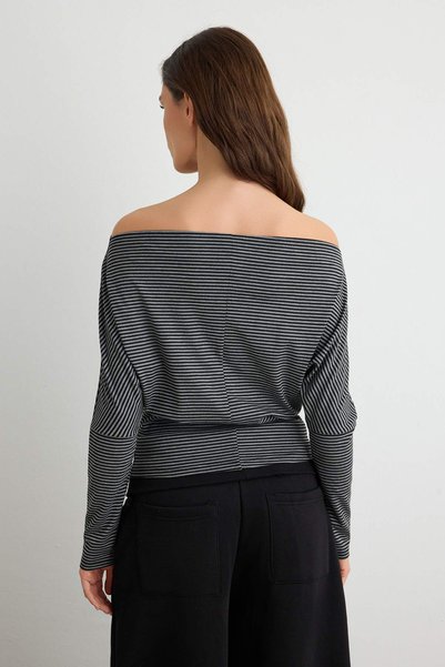 Trendyol Collection Anthracite Striped Asymmetric Collar Fitted/Bodycon Knitted T-Shirt Twoaw27Ts00134