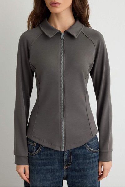 Trendyol Collection Anthracite Soft Touch Polo Collar Zippered Fitted Knitted Sweatshirt Twoaw27Sw00246