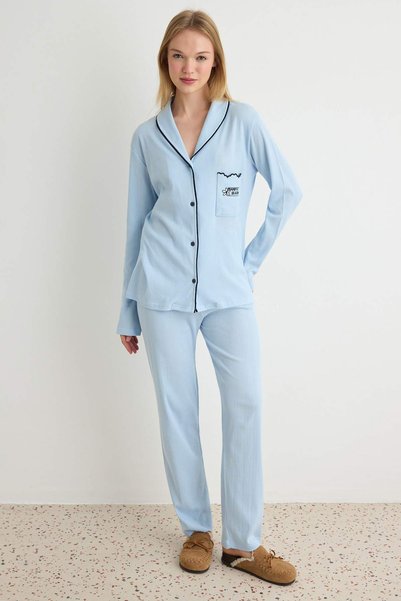 Trendyol Collection Blue 100% Cotton Ribbed Slogan Embroidered Pointel/Ribbed...