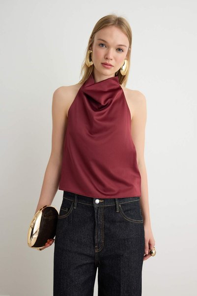 Trendyol Collection Plum Polka Dot Halter Neck Sleeveless Woven Satin Party B...