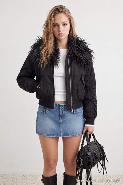 Trendyol Collection Black Oversize Fur Collared Fiber Filled Coat Twoaw27Mo00111