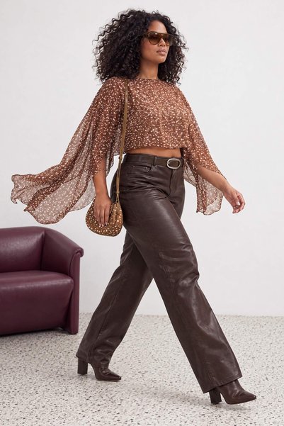 Trendyol Curve Brown-Multicolor Bambi Patterned Chiffon Woven Plus Size Blous...