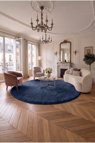 SOFT DECOR Lacivert Kaymaz Taban Peluş Yuvarlak Daire Kesme Halı Tozumaz Yumu...