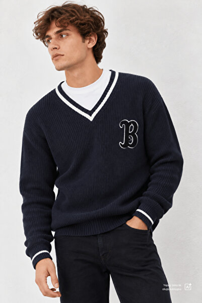 UCLA Ανδρικό πλεκτό HEYOKA Navy Blue Crew Neck Κεντημένο Loose Fit