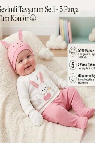 milay's life home collections 100% Cotton Baby Girl 5-Piece Bunny Ear Bodysui...