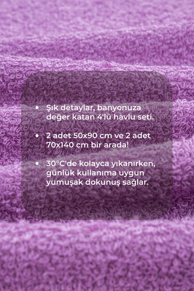 Genel Markalar Banyo El Havlusu Seti 4 Lü Lila -Beyaz Elvin – Yumuşak Doku (70X140X2 /50X90CMX2)