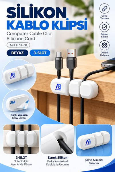 apollobell Silikon Kablo Düzenleyici Klips 3 Slot Kablo Tutucu Organizer Masaüstü Kablo Toplayıcı USB Type-C Beyaz ACP07-020
