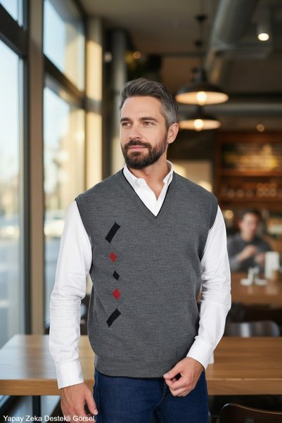 Kamalı Men's Gray Anti-Pilling Standard Fit Regular Cut V-Neck Knitwear Sweater