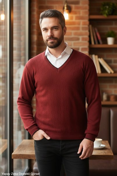 Kamalı Men's Burgundy Anti-Pilling V-Neck Thick Knit Patterned Basic Textured...