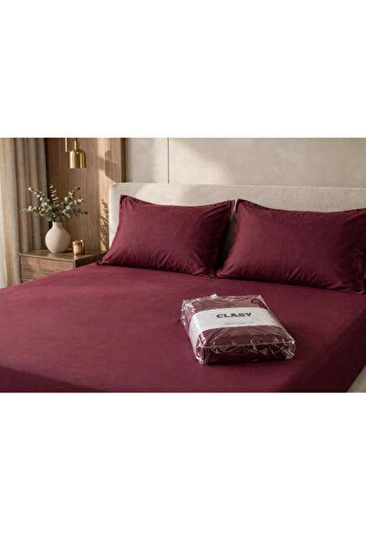 Clasy 100% Cotton Ranforce Fabric King Size Elastic Bed Sheet Set 180X200 Cm+30 cm Dark Burgundy