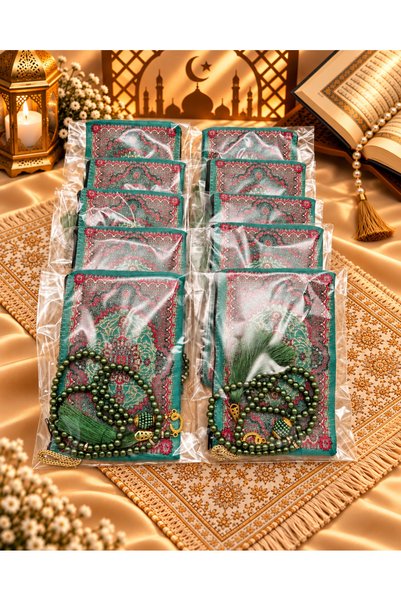LenaToptan 10 Green Wallets and Prayer Beads Set, Hajj Umrah Mevlid Gift