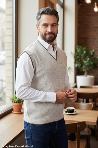 Kamalı Cream Men's Steel Knit Intersiye Winter Thick Knitwear V-Neck Knitwear Knit Non-Pilling Jumpers