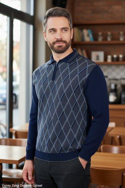 Kamalı Navy Blue Standard Fit Polo Collar Sweater