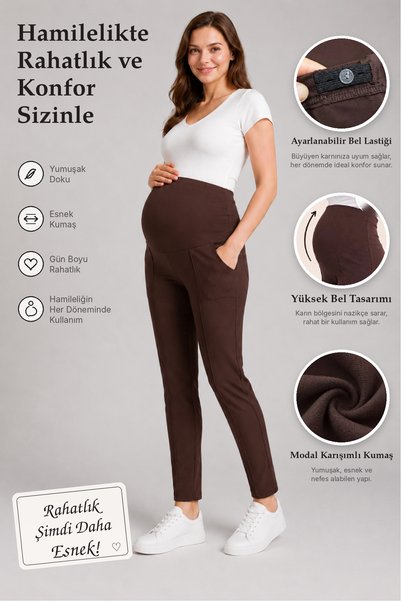 İmaj 390 Kaffeefarbene, verstellbare Umstandshose aus Modal mit hoher Taille