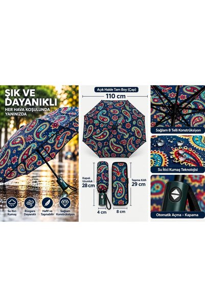 Genel Markalar Otomatik Açılır - Kapanır Katlanır Şemsiye 110 cm Rüzgara Daya...