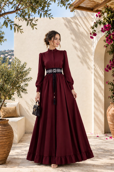 Muslima Wear Rosalie Couture Burgundy French Chiffon Hijab Evening Dress