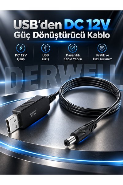 Derwell 1 Metre 5.5x2.5mm USB To Dc Smart Step-Up Kablo 1mt USB Dc Dönüştürme Kablosu 5V 12V Voltaj Yükseltme Çevirici Dönüştürücü Kablosu