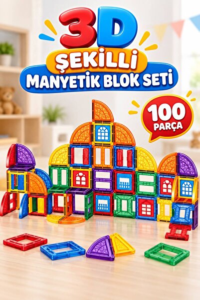 Tıfıl Toys 100 Parça Mıknatıslı Yapı Blokları Geometrik Şekilli 3 Boyutlu Man...