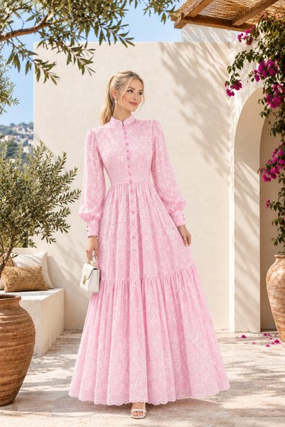 Muslima Wear فستان نسائي من Rose Dream مزين بأزرار وردة وردية اللون