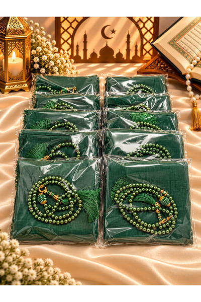 LenaToptan 10 Pieces Green Flared Scarf and Prayer Beads Set Hajj Umrah Mawli...