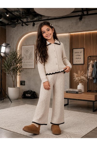 HÇ Hülya Çelik KİDSWEAR 2018 Kız Çocuk Triko Takım Bej Hırka ve Pantolon