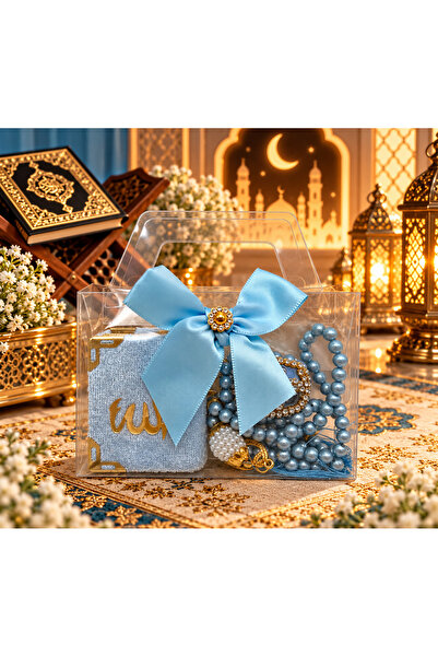 LenaToptan 1 Piece of Mini Quran in a Blue Bowknot Bag, Pearl Prayer Beads an...