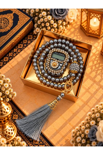 lenagiftworkshop 1 Piece Gray Gift Dowry Boxed Rosary and Stone Zikirmatik Se...
