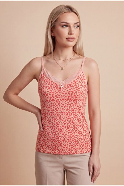 Modamorfo Tricou cu bretele și dantelă, cu model inimioare - somon