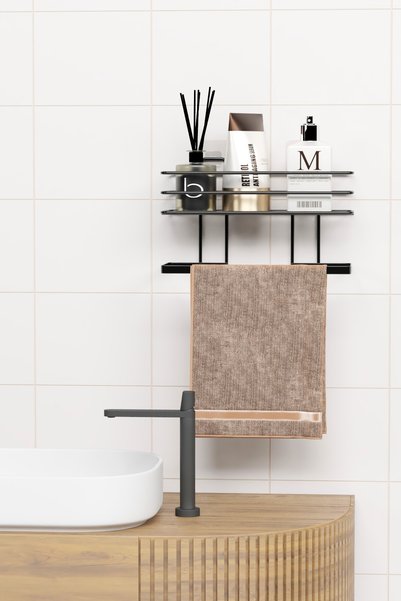 zabata Adhesive Bathroom Shelf Towel Hangers Shelf Shower Shampoo Holder Rack Wall Organizer Organizer Towel Holder