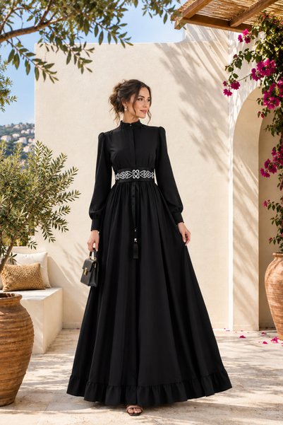 Muslima Wear Noir Elegance Premium Black French Chiffon Hijab Evening Dress