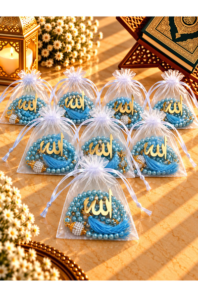 lenagiftworkshop 10 Pieces of Pearl Tesbi̇rh in a Baby Blue Gift Pouch (Mevli...