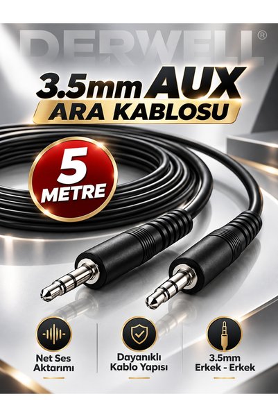 Derwell 5 Metre 5mt 3.5mm Aux Kablo Erkek To Erkek Bilgisayar Macbook MP3 Ara...