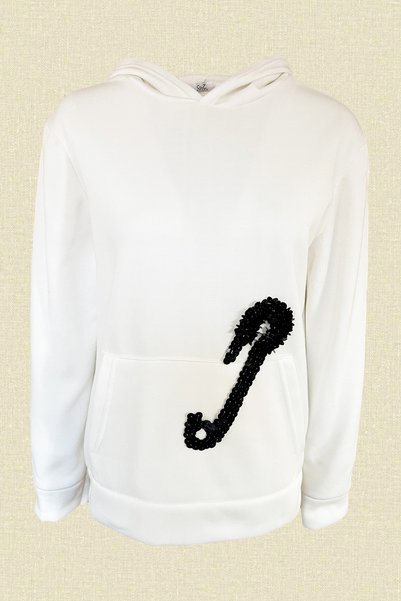 GZ Design Black Safety Pin Embroidered White Hooded Sweatshirt