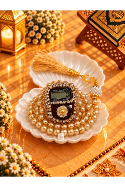 lenagiftworkshop Special Gold Zikirmatik and Prayer Beads Set with Oyster Box...