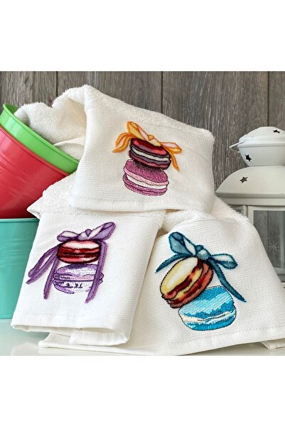 MARİBOR Makaron - Embroidered Kitchen Towel 70% Bamboo / 30% Cotton - Cream Set of 3 30X50