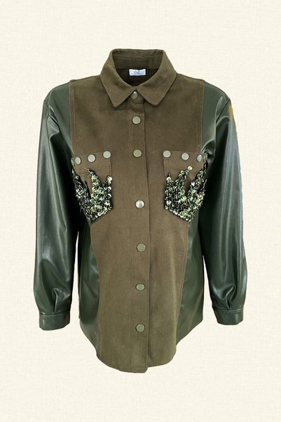 GZ Design Green Flame Embroidered Sleeves Leather Detailed Jean Jacket