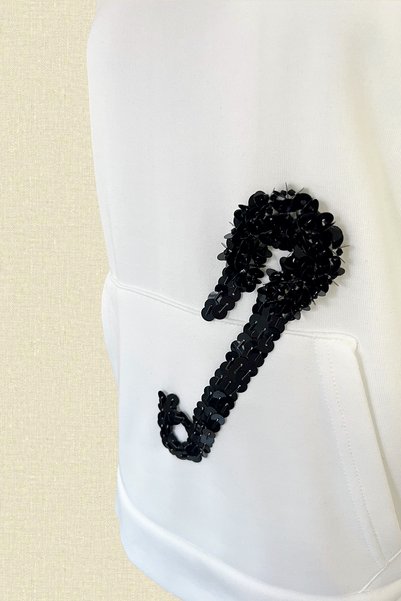 GZ Design Black Safety Pin Embroidered White Hooded Sweatshirt