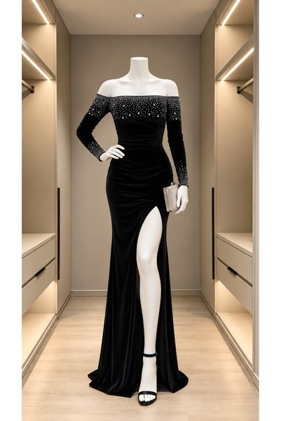 Modafeminen Rochie de seară din țesătură elastică din catifea, brodată cu pia...
