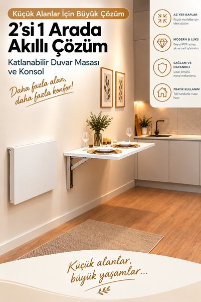 Şen Ticaret Katlanır Duvar Masası Konsol 2’si 1 Arada MDF Yemek Masası Mutfak...