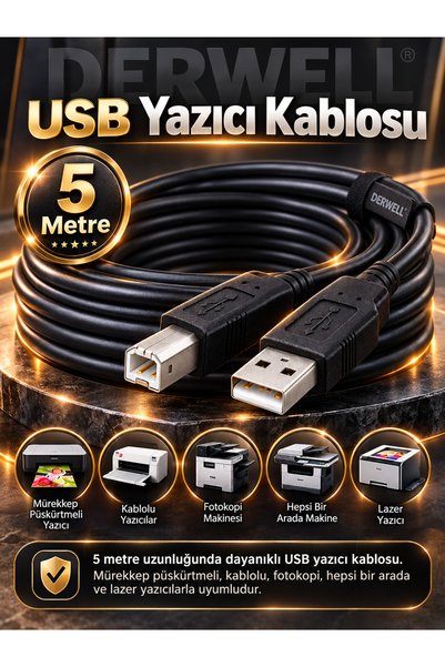 Derwell 5 Metre 5mt Yazıcı Kablosu Ara Printer Usb Bağlantı Kablosu Network Lazer ( Samsung - Hp Serisi - Canon - Brother - Xerox - Fotokopi/Fax/Yazıcı Kablosu